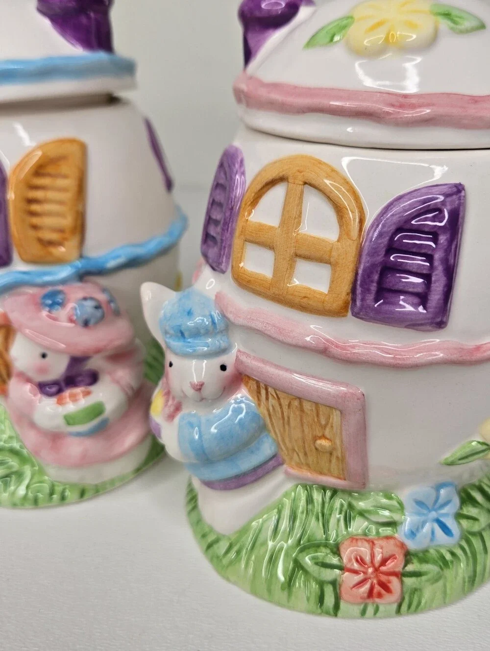 Ceramic Cottage Egg Bunny Girl and Boy Set‎ Easter Candy Jars VTG Whimsical